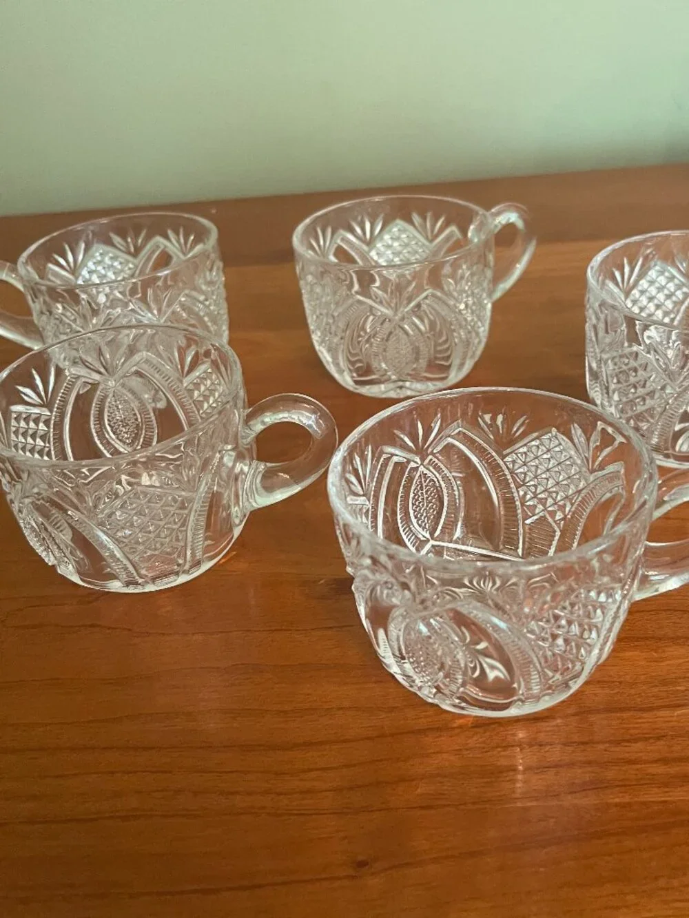 5 EAPG crystal punch cups pineapple and fan pattern